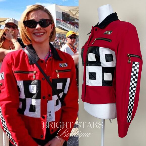 Rare Red Vintage Jacket ASO Chloe Grace Moretz Black White Formula 1 Grand Prix - Picture 3 of 7